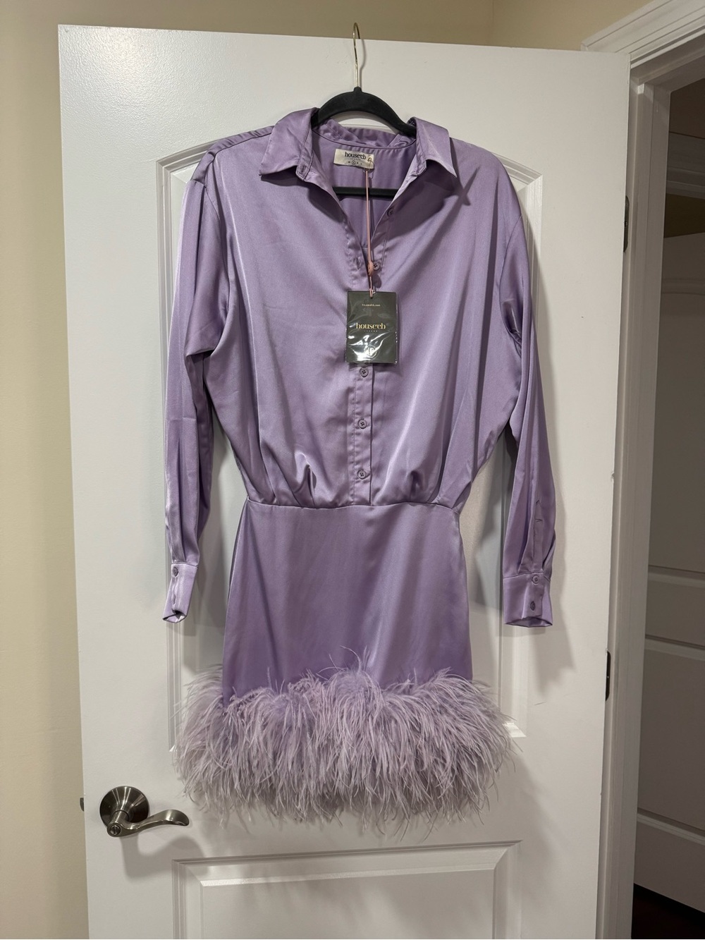 House of CB Tyra Orchid Satin Shirt Dress Feather Trim Lavender S - Picture 6 of 12